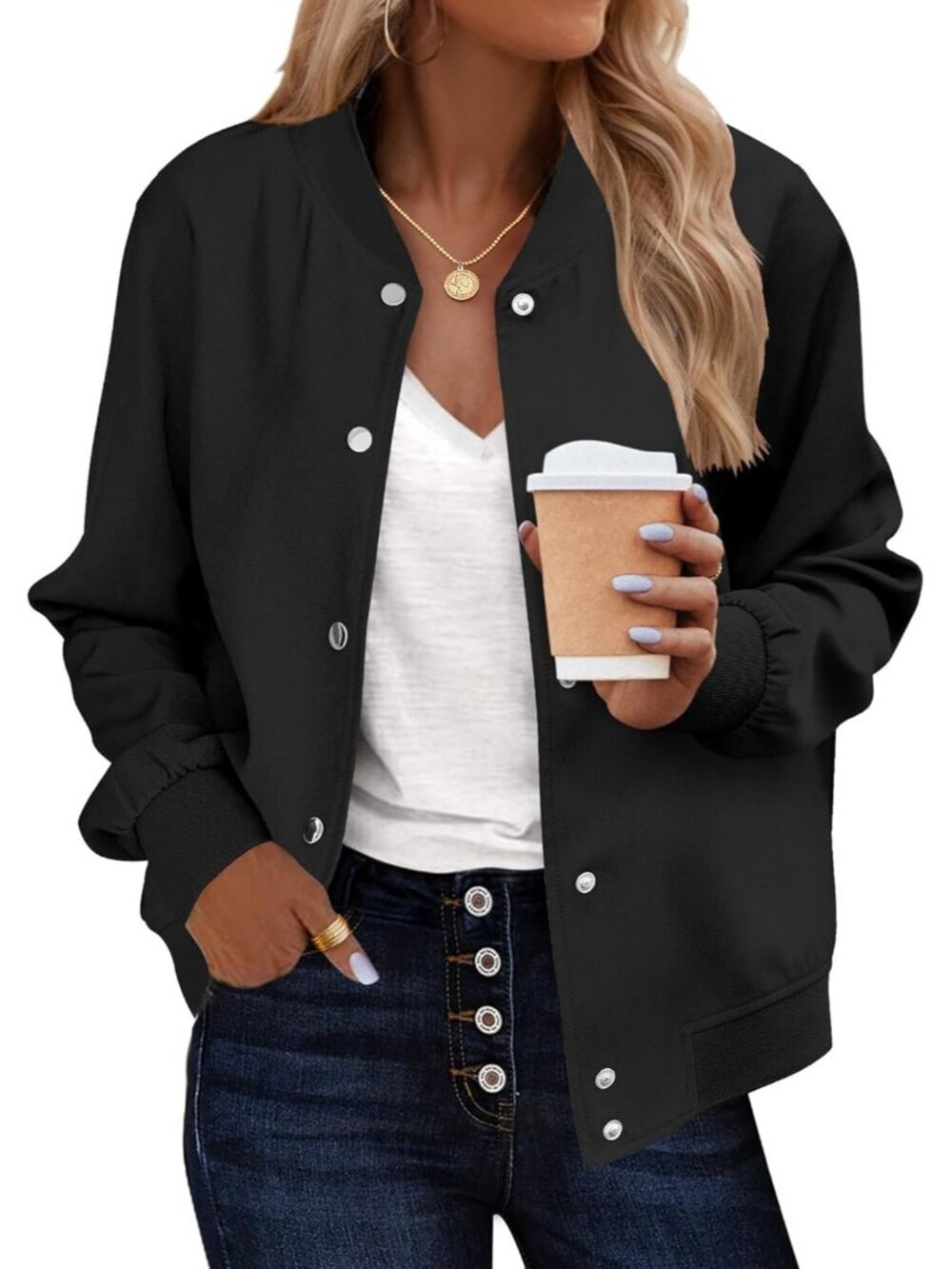 Women's Varsity Casual Button Down Spring Short Outfits with Pockets Solid Black